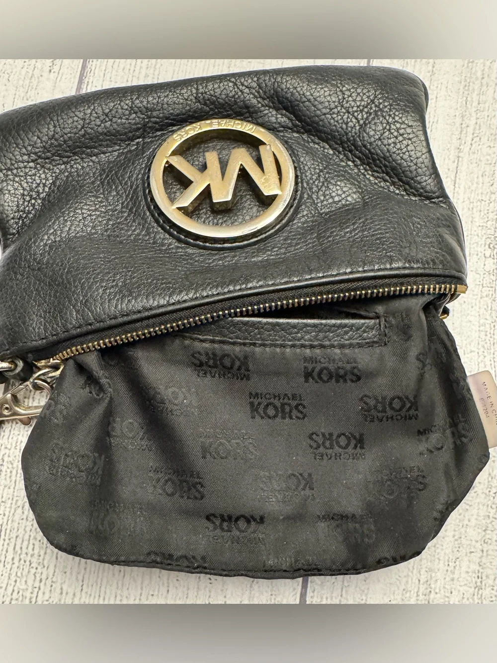 Michael Kors Black Leather Wristlet Clutch Gold Logo Small Purse